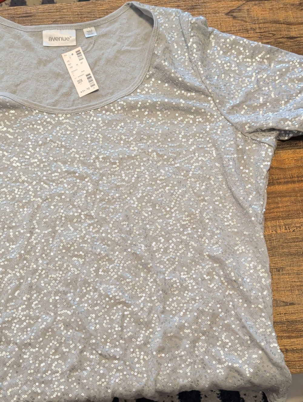 Avenue Silver Sequin Short Sleeve Scoop Neck Tee